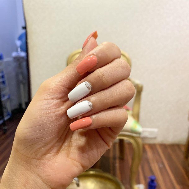 Simple Orange And White Nail For Women