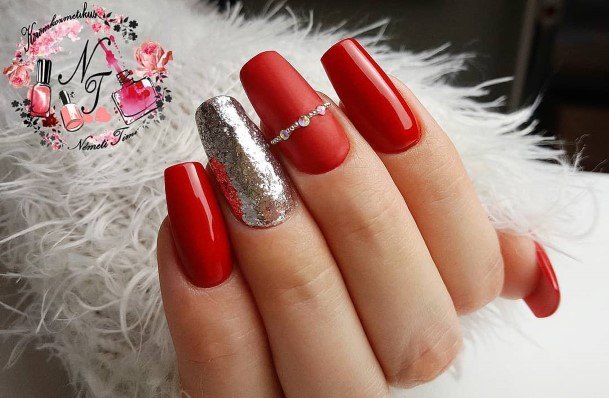 Simple Red And Silver Nail For Women