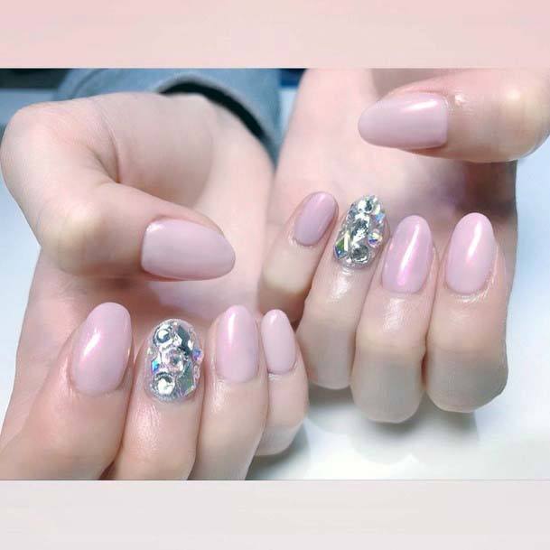 Simple Rose Tinted Nails With Rhinestone Bling