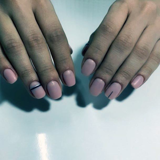 Simple Rosy Pink Naked Shellac Nails With Black Lines Art For Women