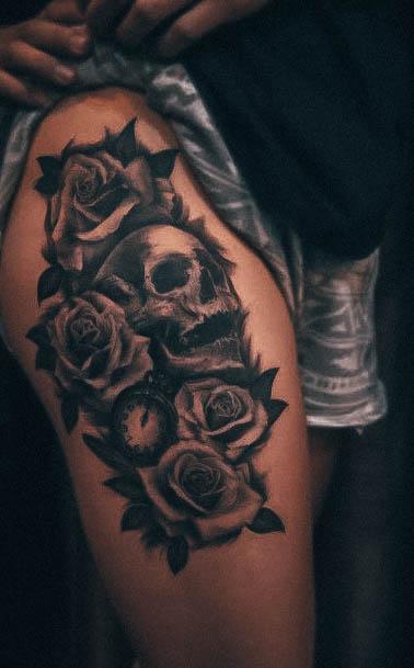 Simple Skull And Rose Tattoo For Women