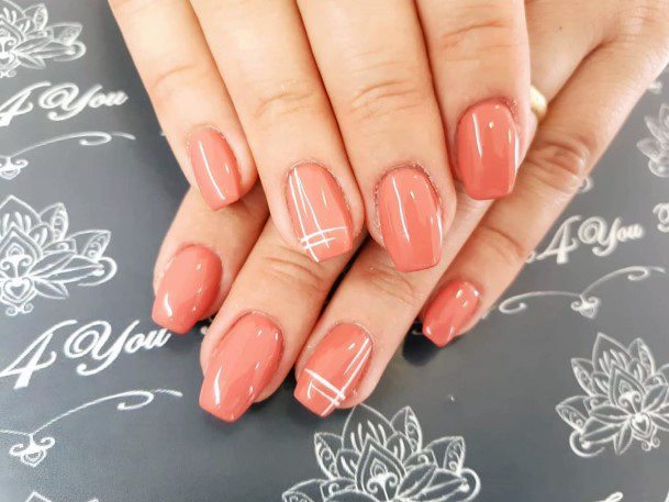 Simple Sleek Peach White Stripe Design May Nails For Women Ideas