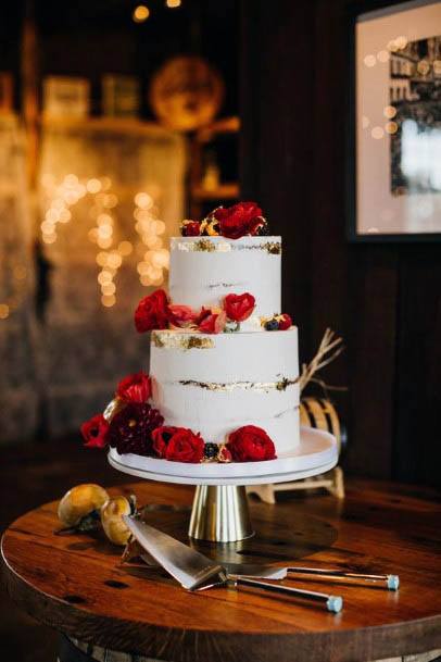 Simple Wedding Cake With Red Flowers