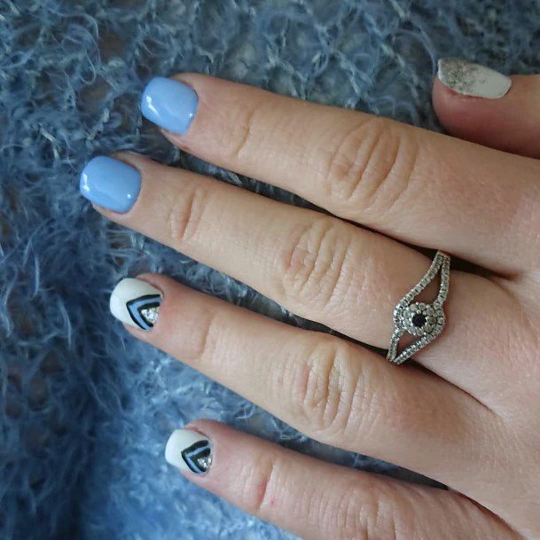 Simple White And Blue Nails With Triangular Design For Women