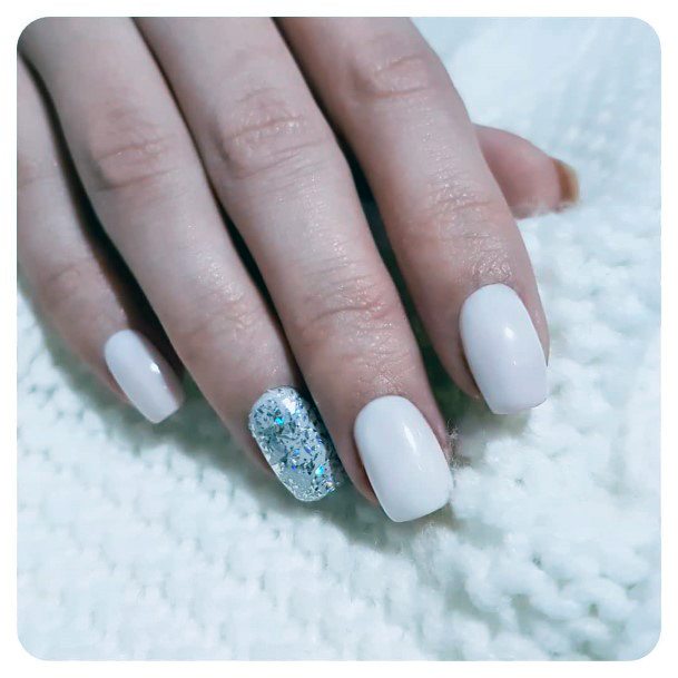 Simple White Nails With Snow Glitters For Women