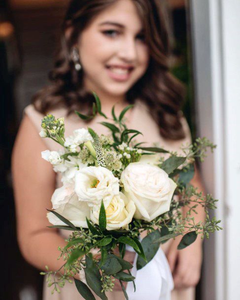 Simple White Roses Green Wedding Bouquet For Bride