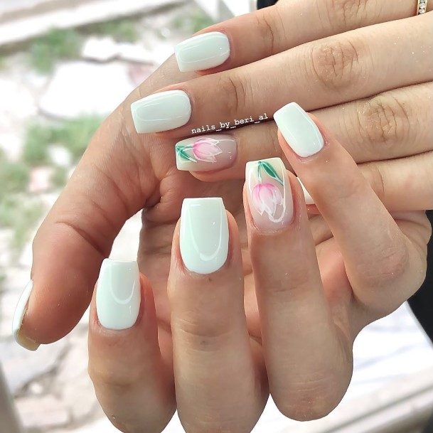 Simple White With Flowers Nail For Women