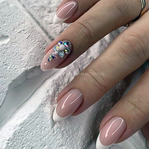 Simple White With Rhinestones Nail For Women