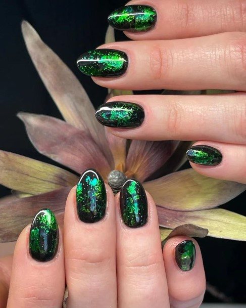 Simplistic Black And Green Nail For Girls