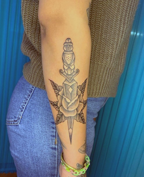 Simplistic Dagger Rose Tattoo For Girls