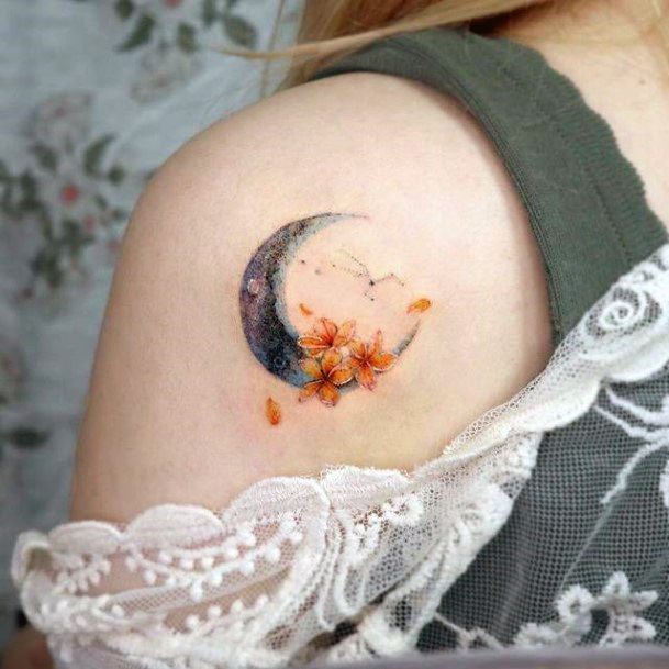 Simplistic Flower Moon Tattoo For Girls