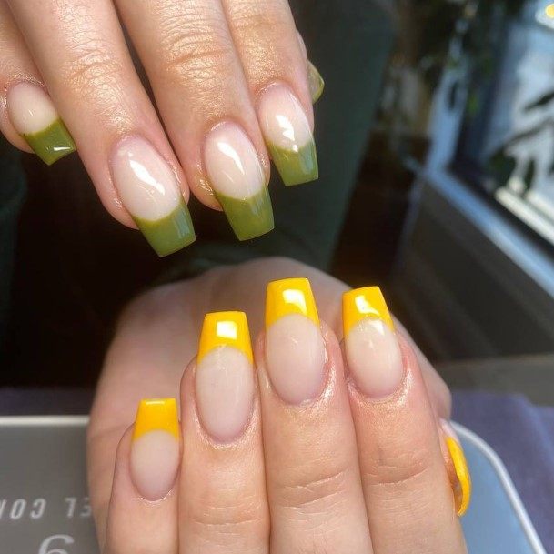 Simplistic Green And Yellow Nail For Girls