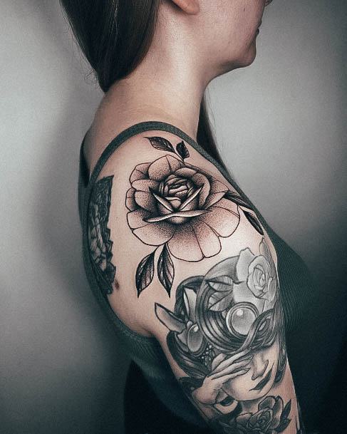 Simplistic Rose Shoulder Tattoo For Girls