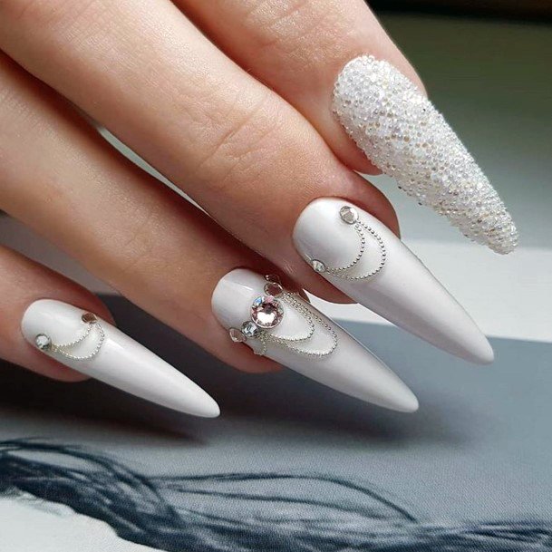 Simplistic White With Rhinestones Nail For Girls