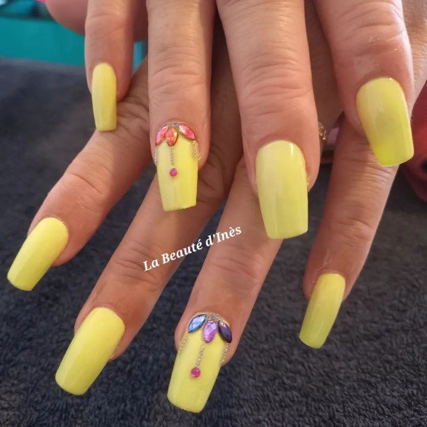 Simplistic Yellow With Diamonds Nail For Girls