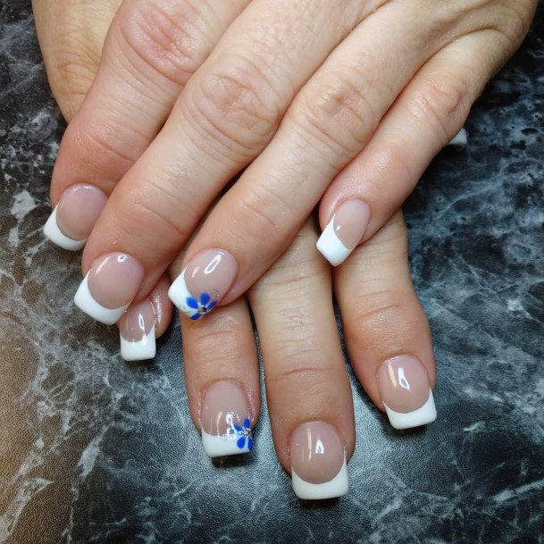 Single Blue Floral On French Squoval Mani