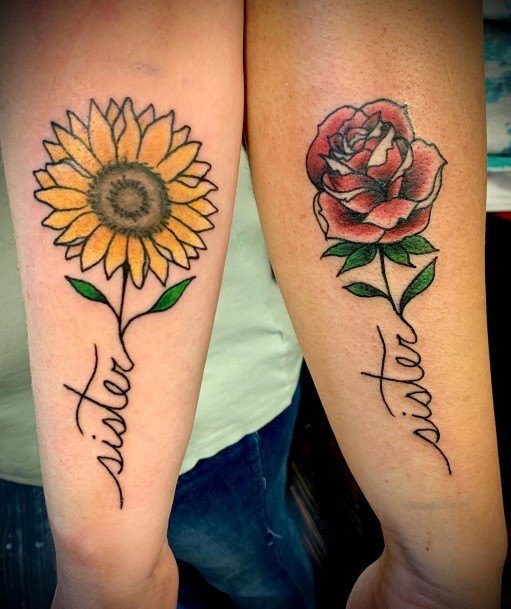 Sisters Best Friend Tattoo Sunflower And Rose For Women