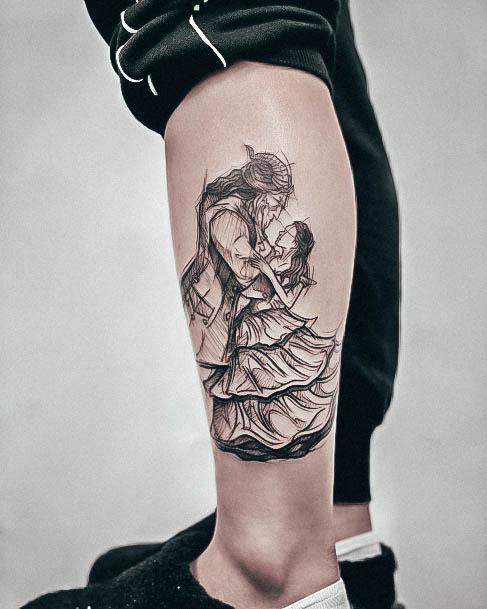 Sketch Drawing Balck Grey Calf Girl With Feminine Beauty And The Beast Tattoo