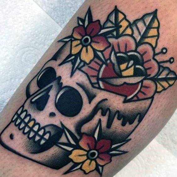 Skull And Blossoms American Traditional Tattoo Women