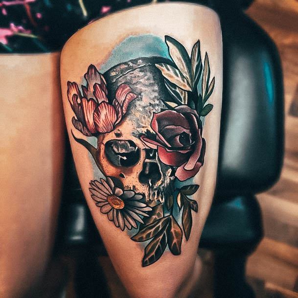 Skull And Rose Womens Tattoo Designs