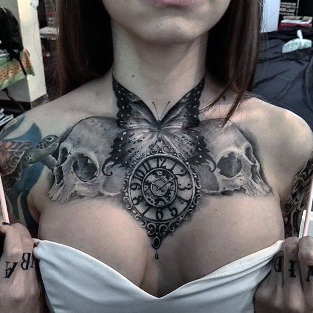 Skull Butterfly And Roman Clock Dial Tattoo Womens Chest