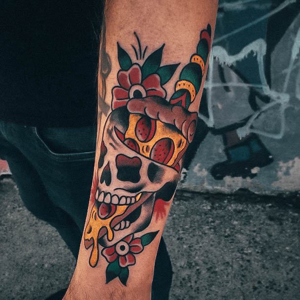 Skull Earing Cheesy Outer Forearm Girl With Graceful Pizza Tattoos