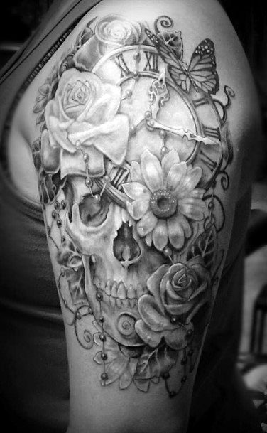 Skull Flowered Clock Tattoo Womens Arms