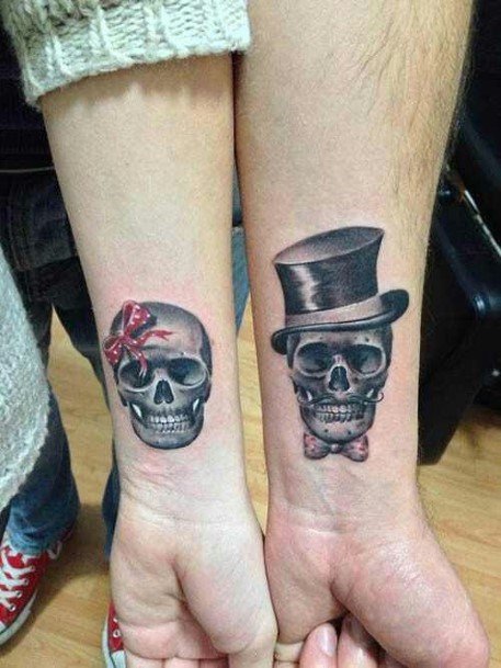 Skull With Bow And Hat Cute Couple Tattoo Forearms