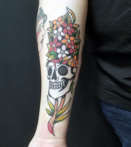 Skull With Floral Headcover Tattoo Womens Hands American Traditional