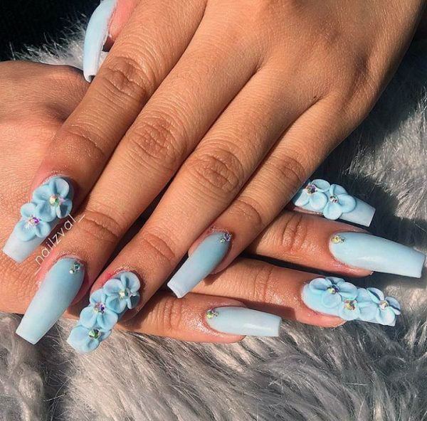 Sky Blue 3d Flower Nails Women