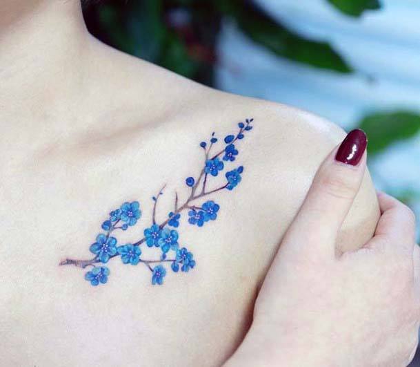 Skyblue Florals Womens Collarbone Tattoo