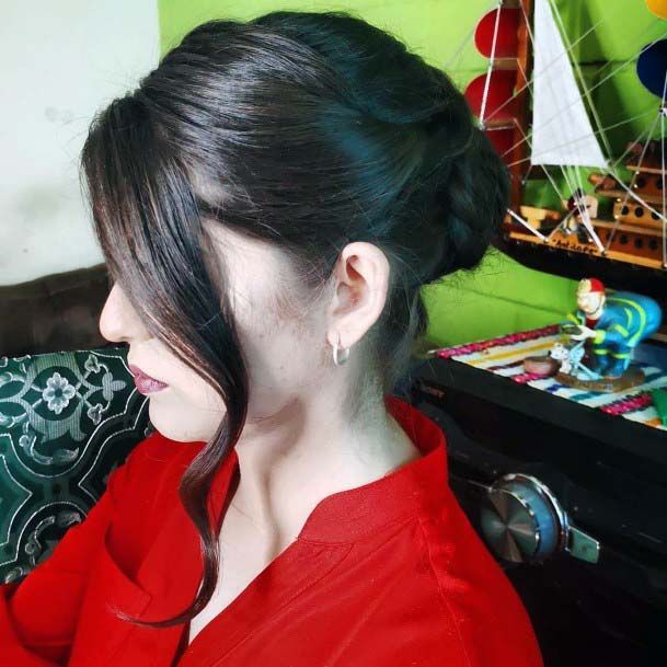 Sleek And Shiny Black Polished And Braided Updo Womens Hairstyle