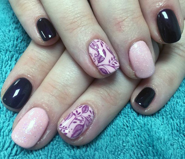 Sleek Black Glittery Pink Gorgeous Purple Floral Nail Design For Women