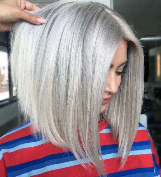 Sleek Grey Ashy Platinum Blonde Straight Angled Bob Womens Hairstyle