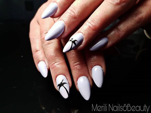 Sleek White Almond Shape Palm Tree Nails For Women