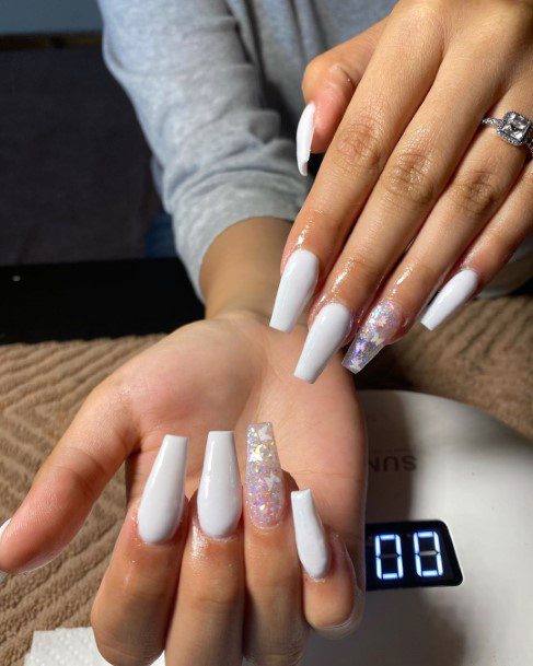 Sleek White Long Nails Gorgeous Butterfly Glitter Prom Nails For Ladies