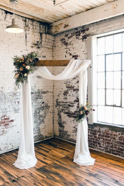 Sleek White Valance Drape Rustic Arch Floral October Wedding Inspiration