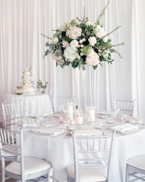 Sleek White Wedding Reception Flourishing Hanging Flower Bouquet Decoration Ideas