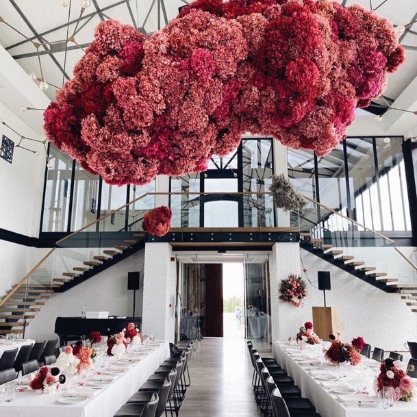 Sleek White Wedding Reception Stunning Hanging Flower Bouquet Cloud Gorgeous Centerpiece Decoration Ideas