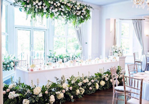 Sleek White Wedding Tables Greenery Blooming Rose Flower Ideas