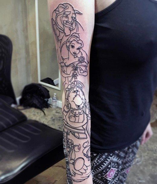Sleeve Outline Characters Sweet Beauty And The Beast Tattoo Designs For Girls