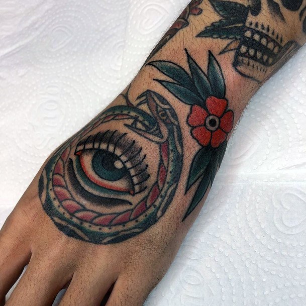 Slimy Snake And Eye Tattoo Womens Hands