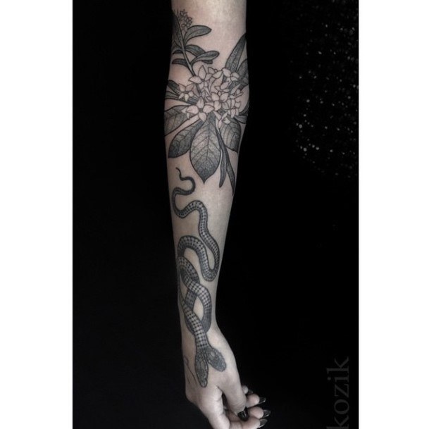 Slithering Snake And Flowers Tattoo Sleeves Women