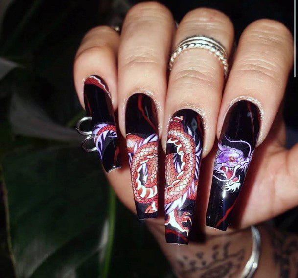 Slithering Snakes Art On Long Black Nails Women