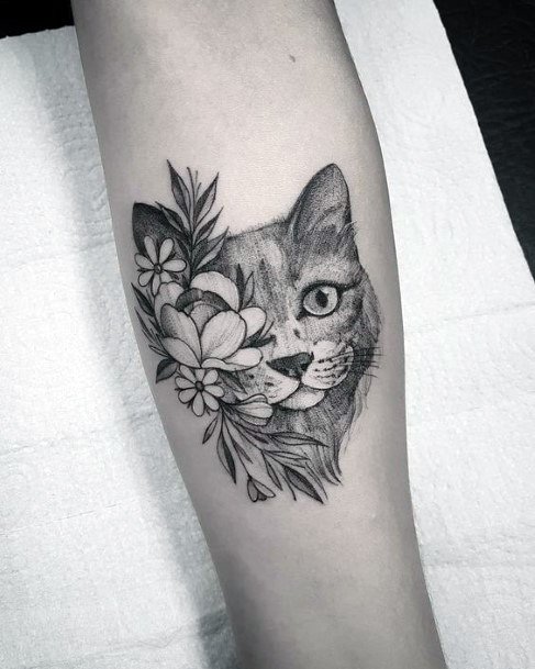 Sly Cat With Flowers Tattoo For Women