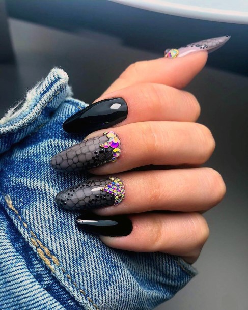 Slytherin Black Snake Effect On Nails With Colored Stones Women