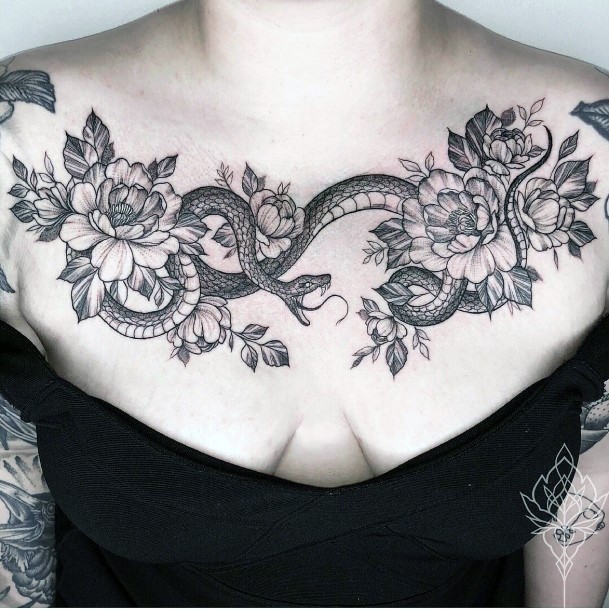 Slythering Serpent War With Flower Tattoo Womens Chest