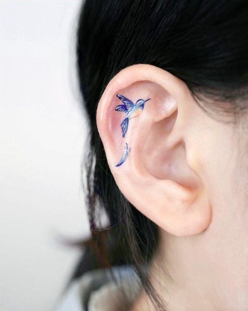 Small Blue Hummingbird Tattoo Womens Ear Inner