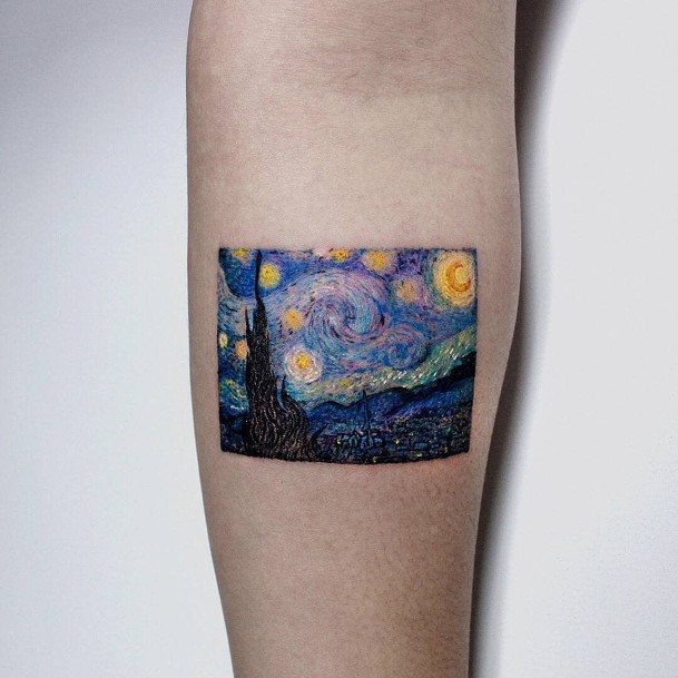 Small Blue Painting Tattoo Womens Forearms