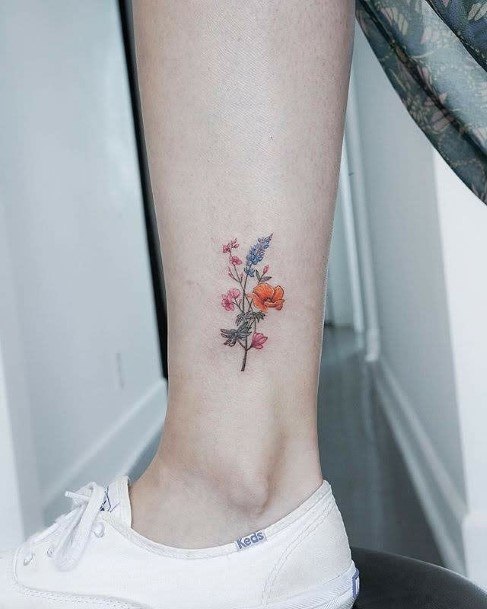 Small Colored Florals Tattoo Womens Ankles